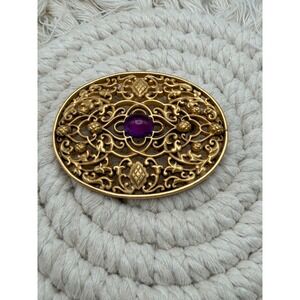 MFA Museum of Fine Arts Vintage Gold Tone Filigree Purple Cabochon Oval Brooch